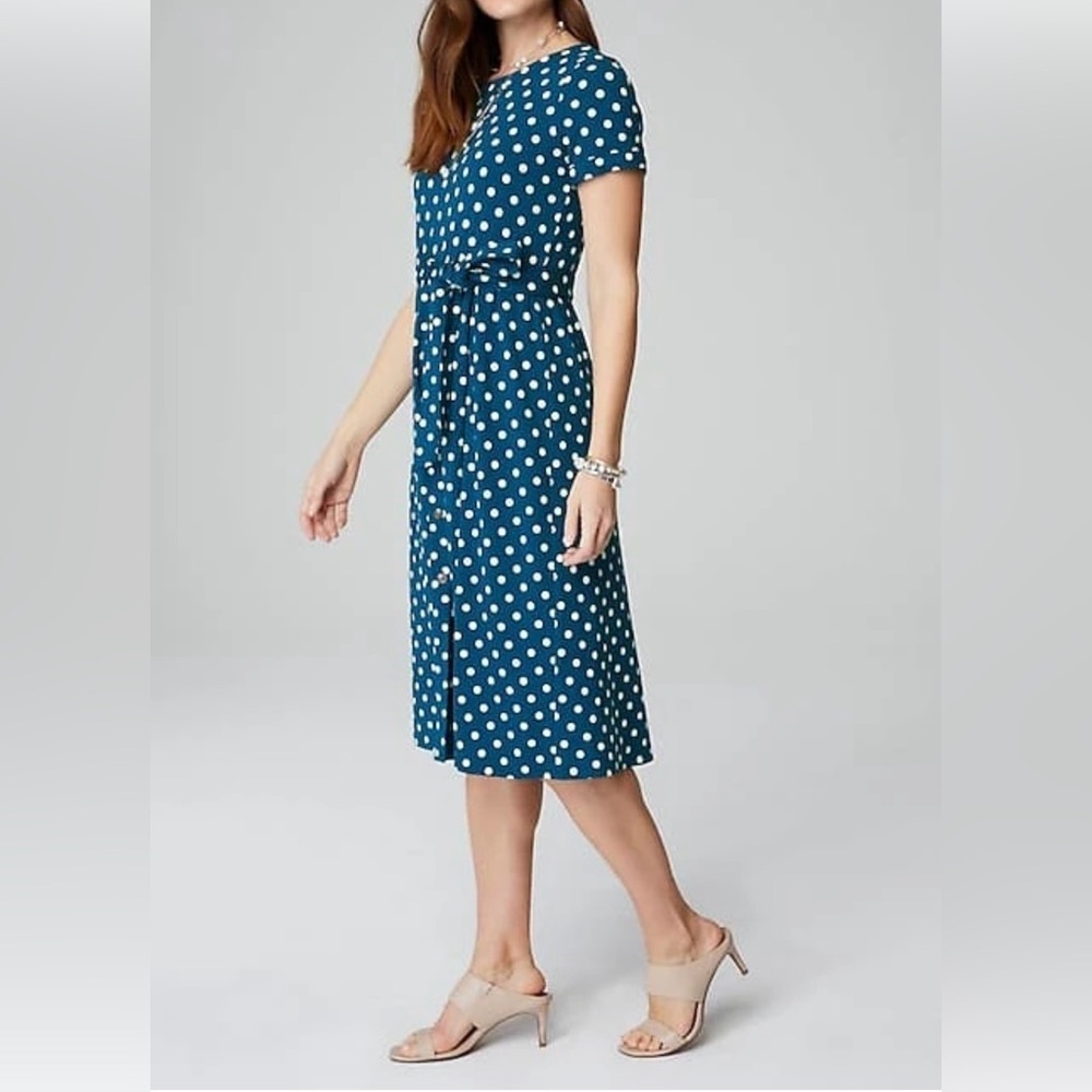 J. Jill Wearever Collection Belted Midi Dress Atlantic Timeless Blue Polka Dot